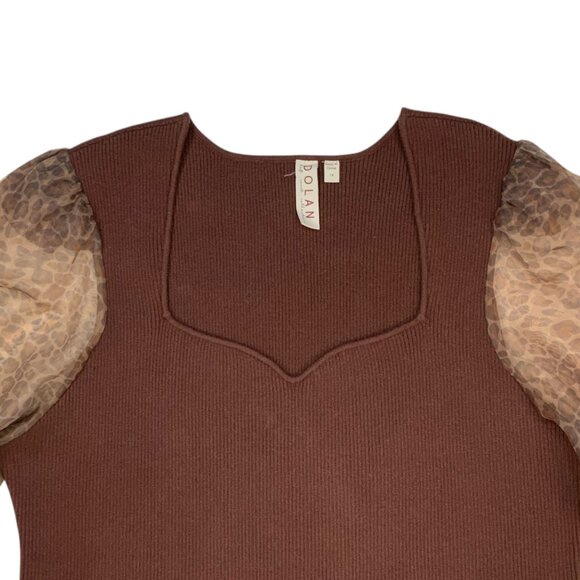 Anthropologie Dolan Puff Sleeve Sweater 1X Plus Brown Motif Animal Print Fall - Picture 6 of 11